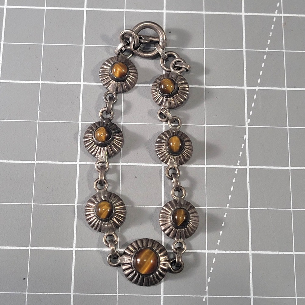 Vintage‎ Silver Tiger's Eye Link Bracelet Toggle Clasp 925 TESTED